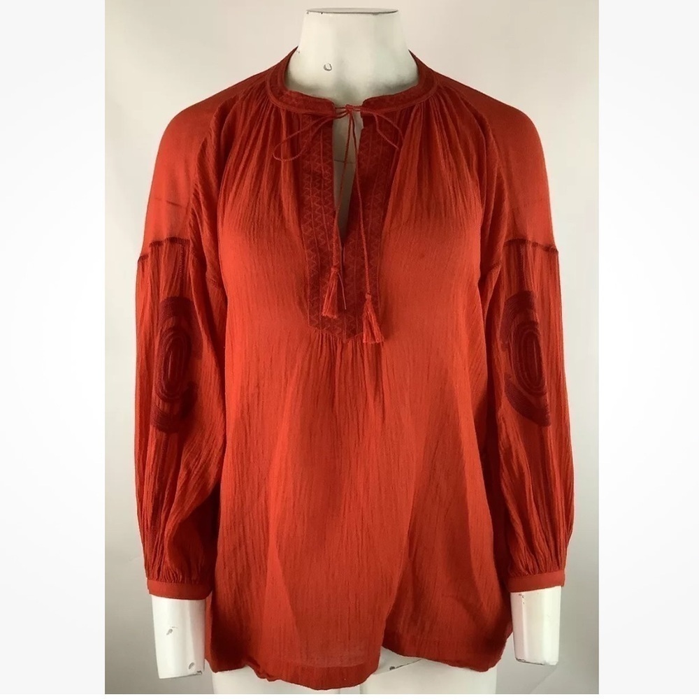 Madewell Sz XS 100% Cotton Gauze Embroidered Tunic Top Red Tie Neck Boho